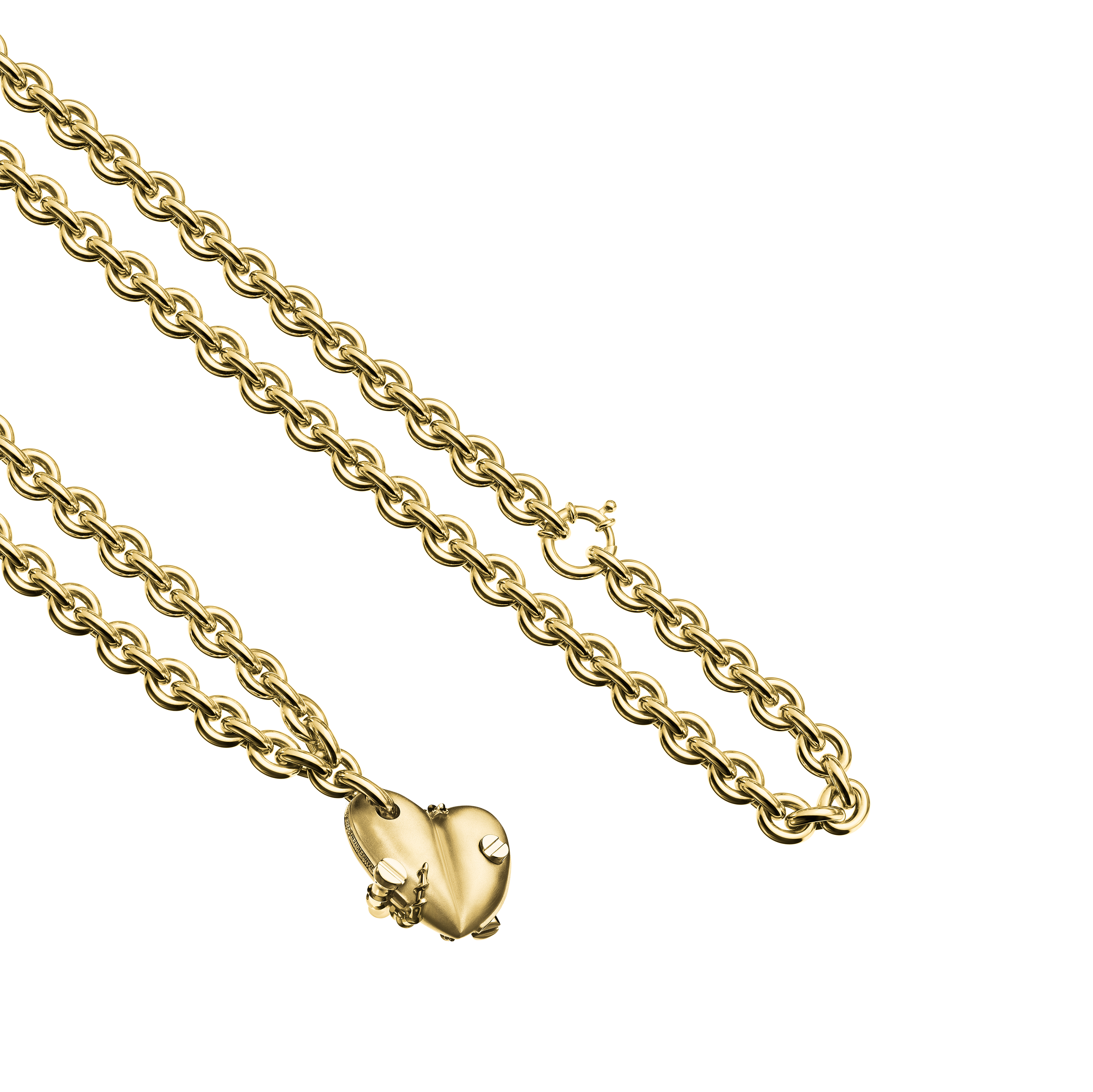 A detail view of Bullet Hole Heart Pendant with Screws M with Chain