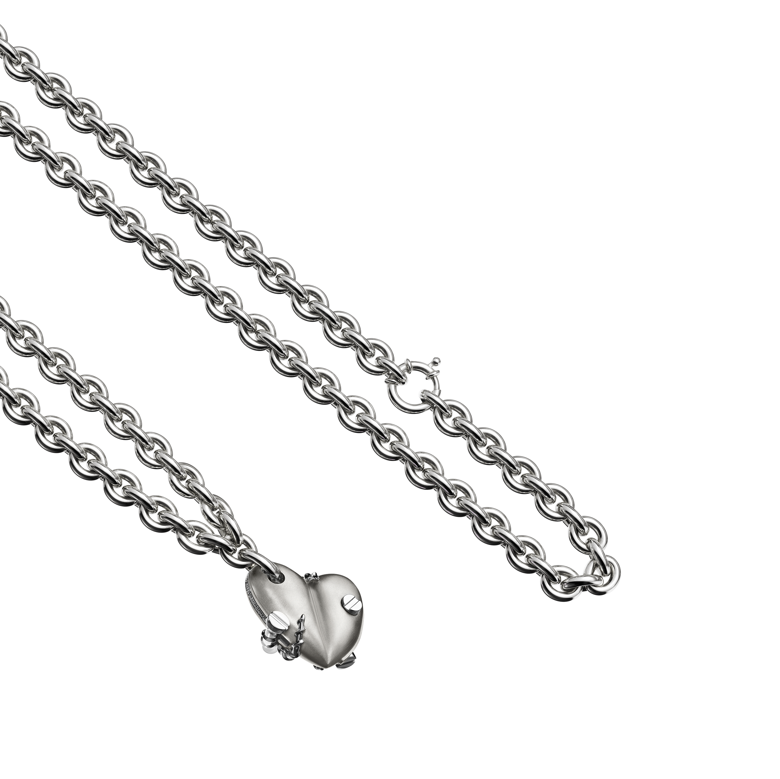 A detail view of Bullet Hole Heart Pendant with Screws M with Chain