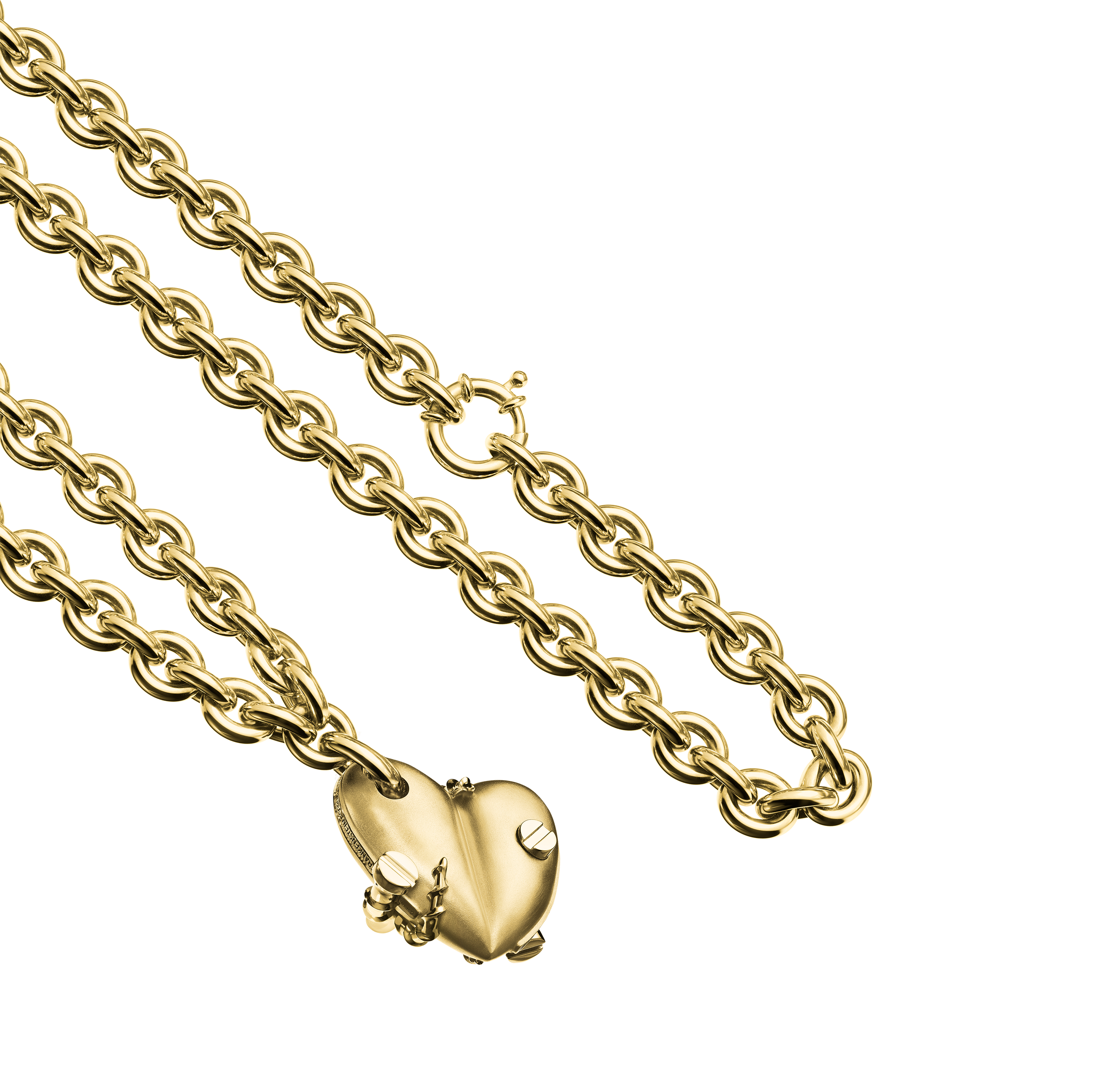 A detail view of Bullet Hole Heart Pendant with Screws XL with Chain