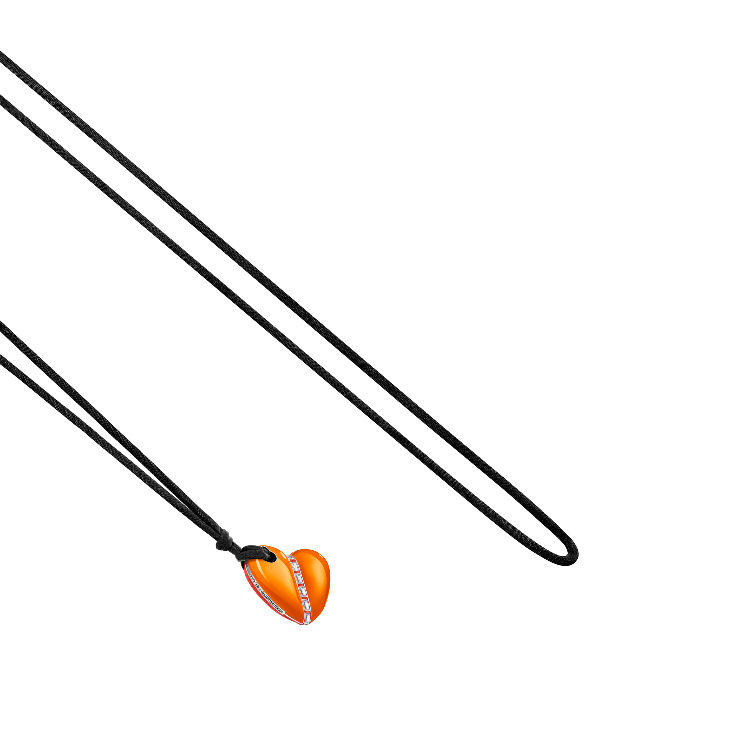 A detail view of Bullet Hole Heart Pendant with Baguettes