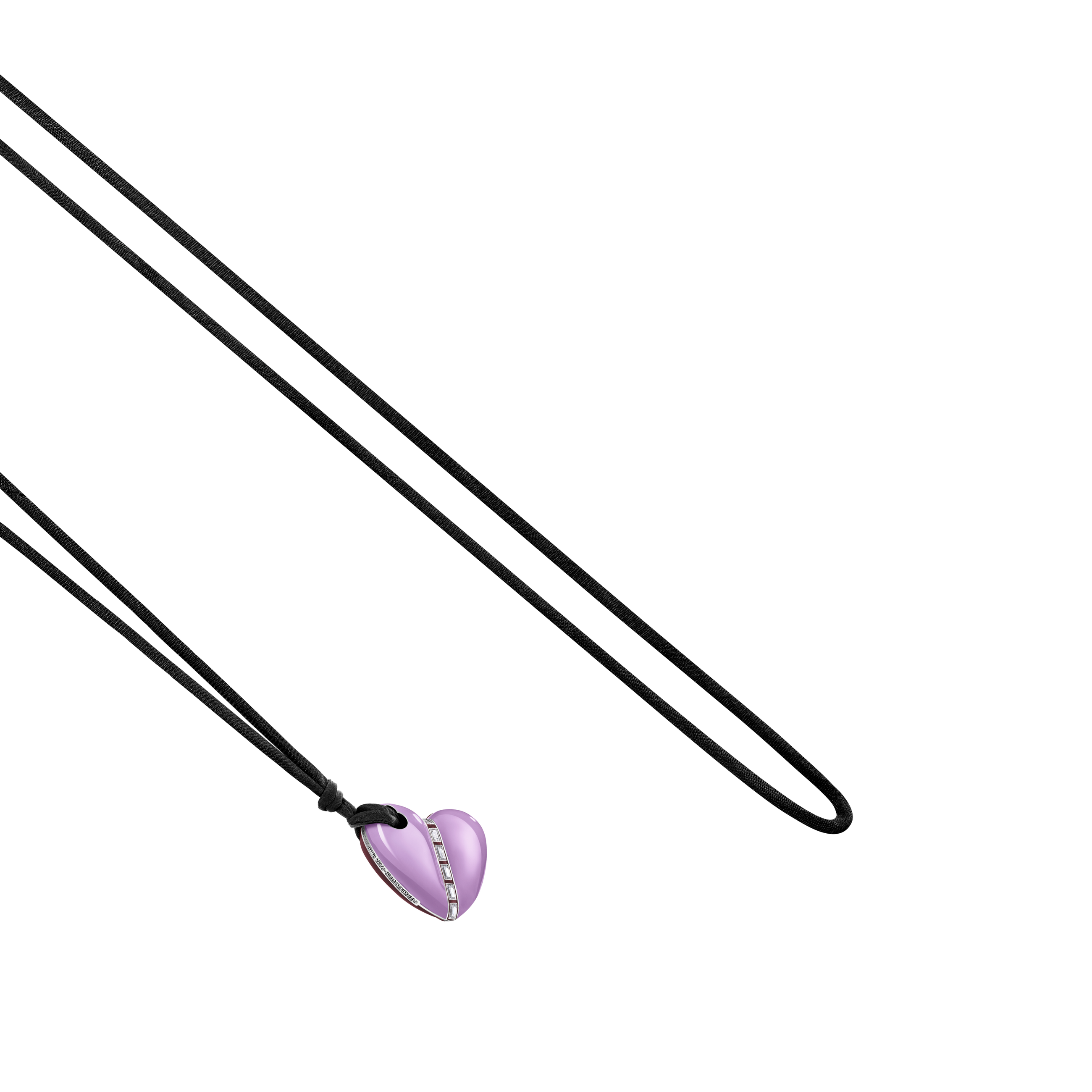 A detail view of Bullet Hole Heart Pendant with Baguettes