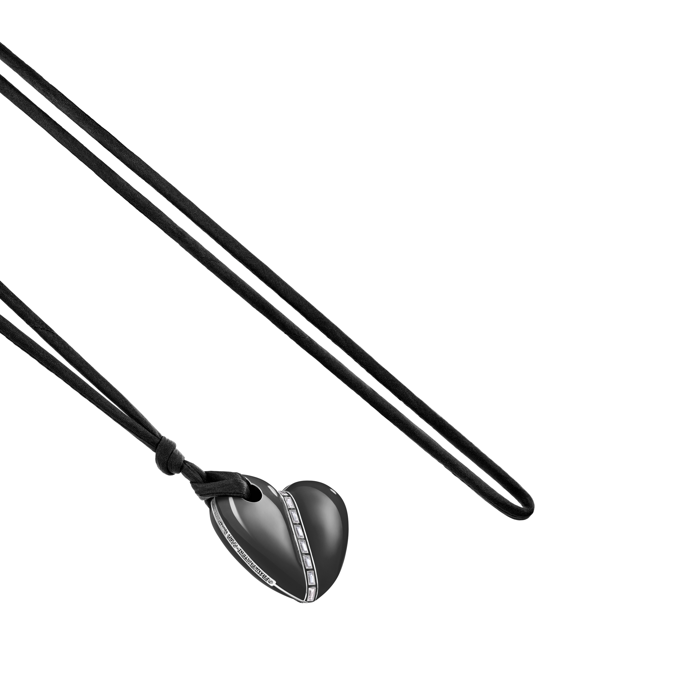 A detail view of Bullet Hole Heart Pendant with Baguettes XL