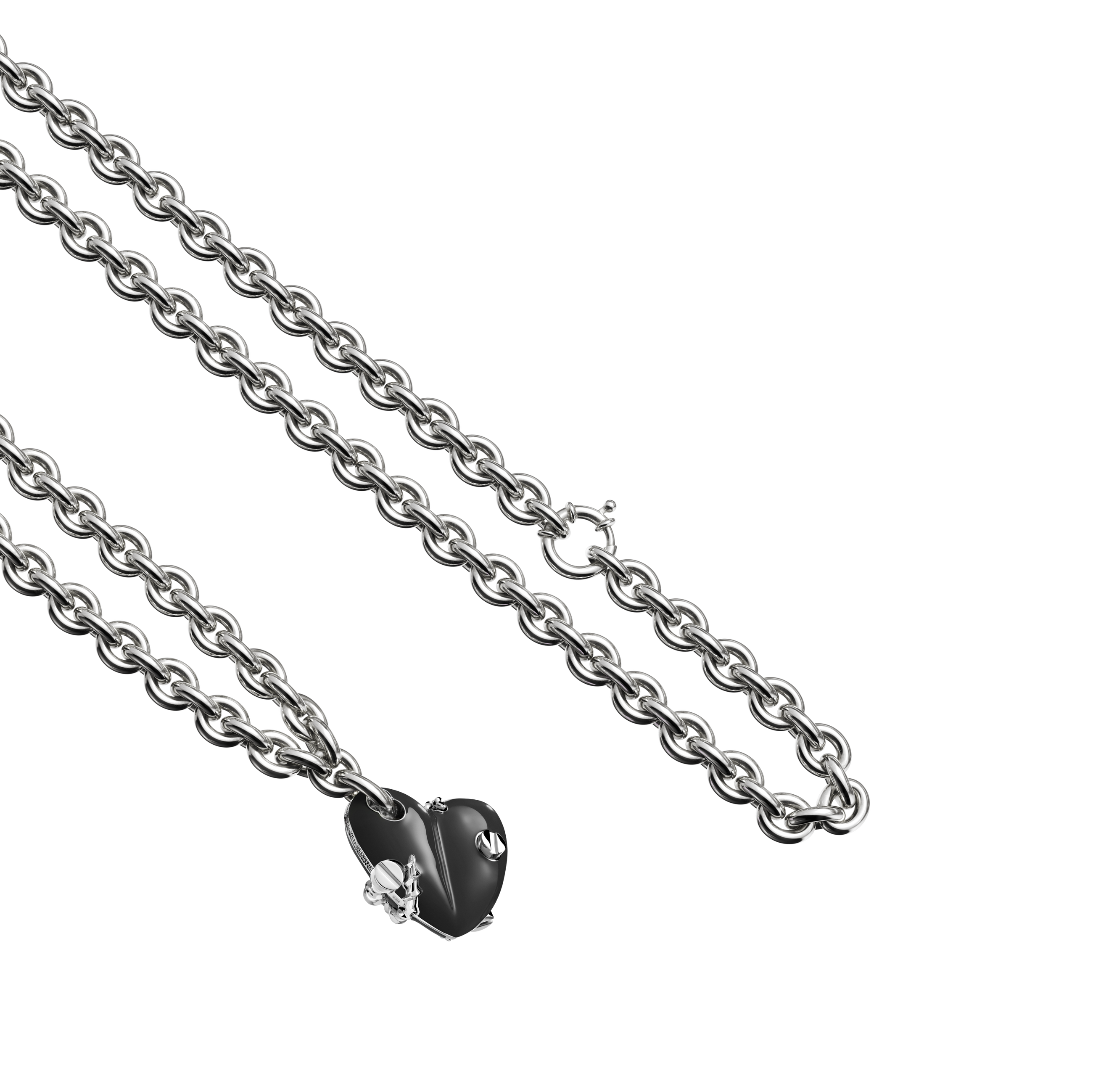 A detail view of Bullet Hole Heart Pendant with Screws M with Chain