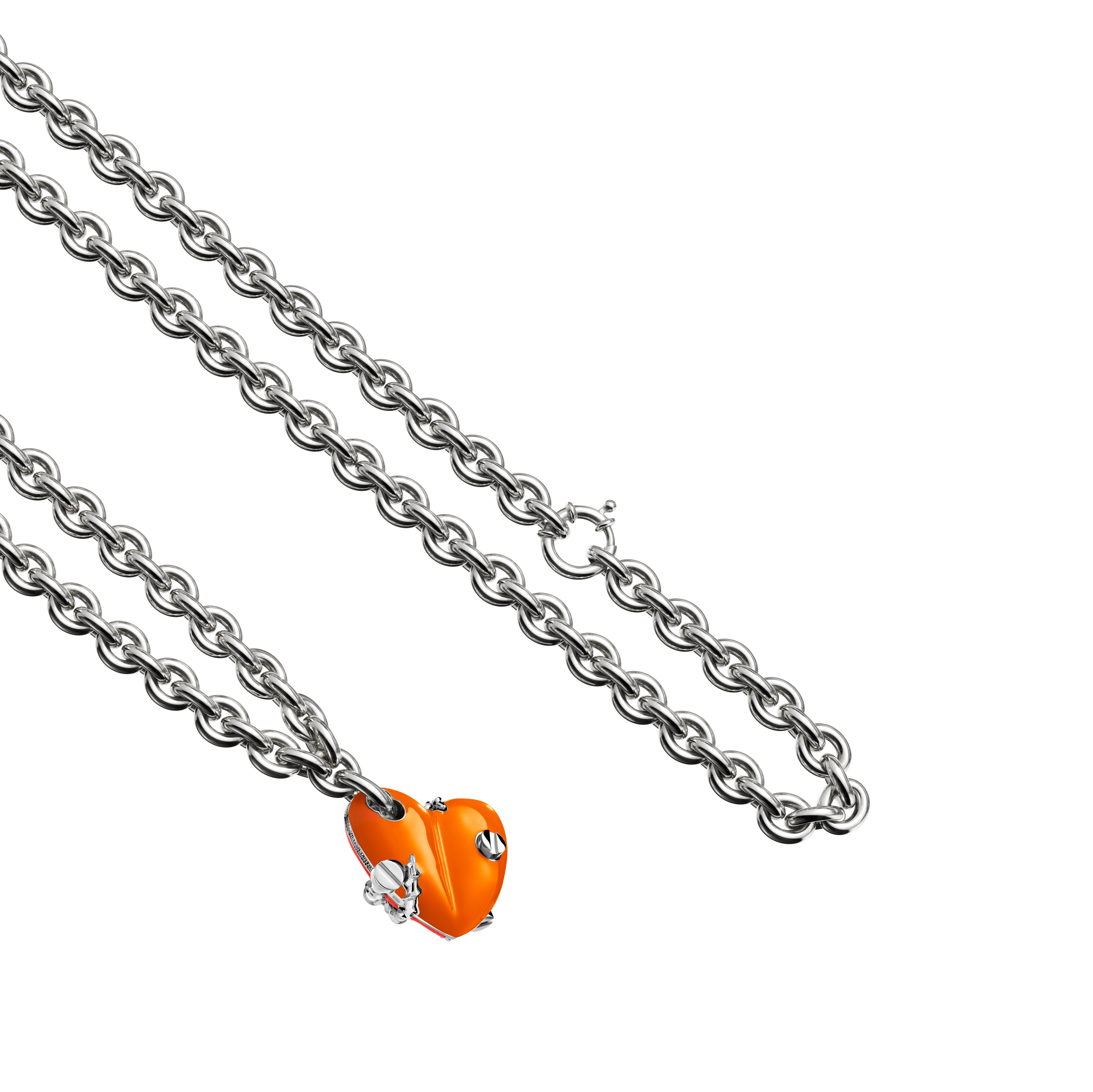 A detail view of Bullet Hole Heart Pendant with Screws M with Chain