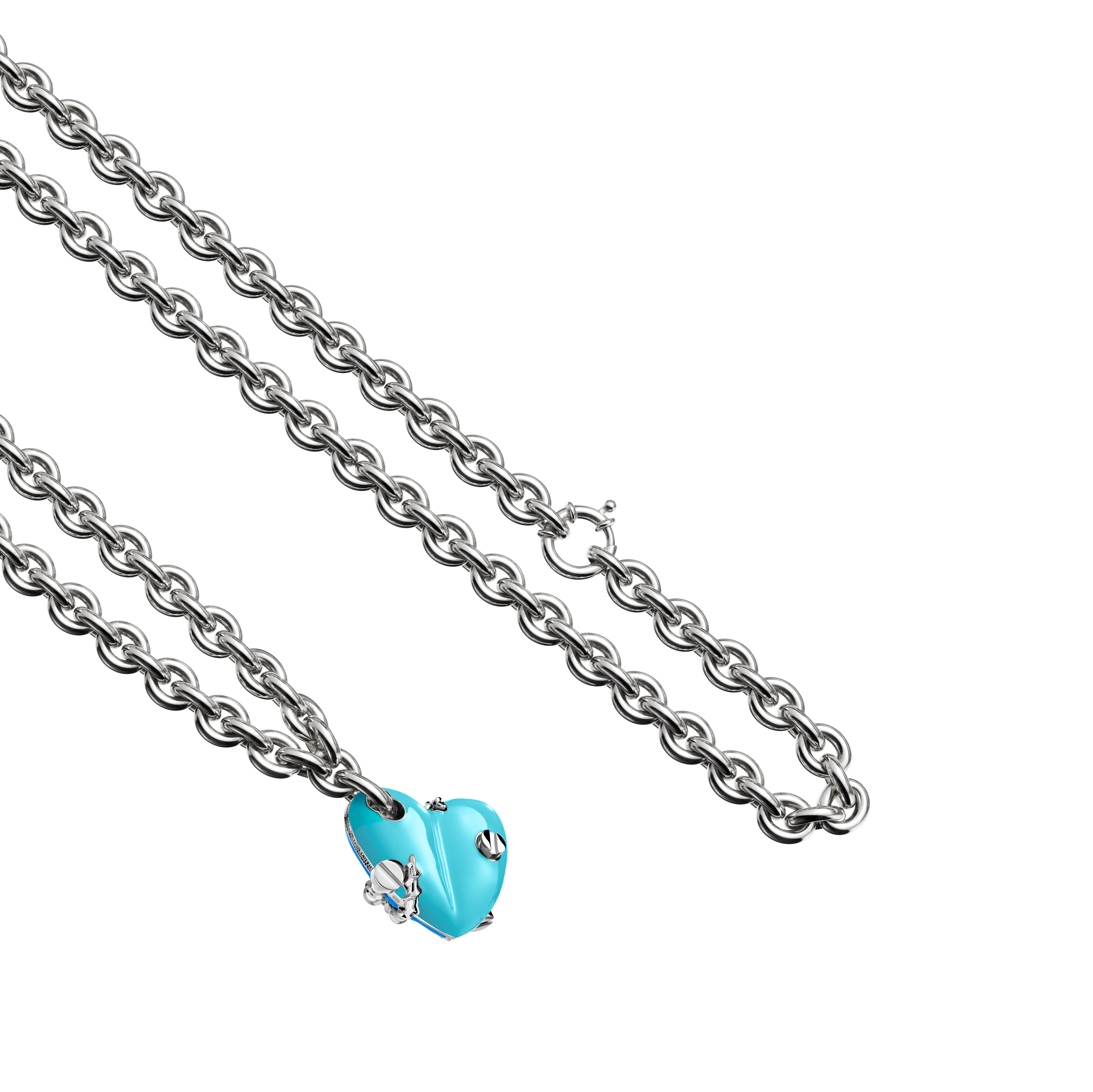 A detail view of Bullet Hole Heart Pendant with Screws M with Chain