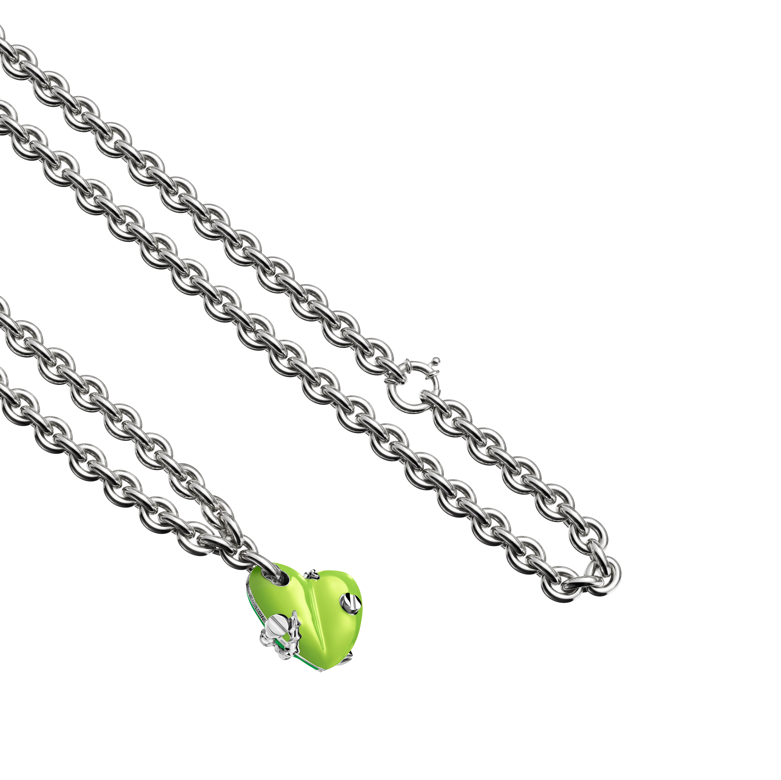 A detail view of Bullet Hole Heart Pendant with Screws M with Chain