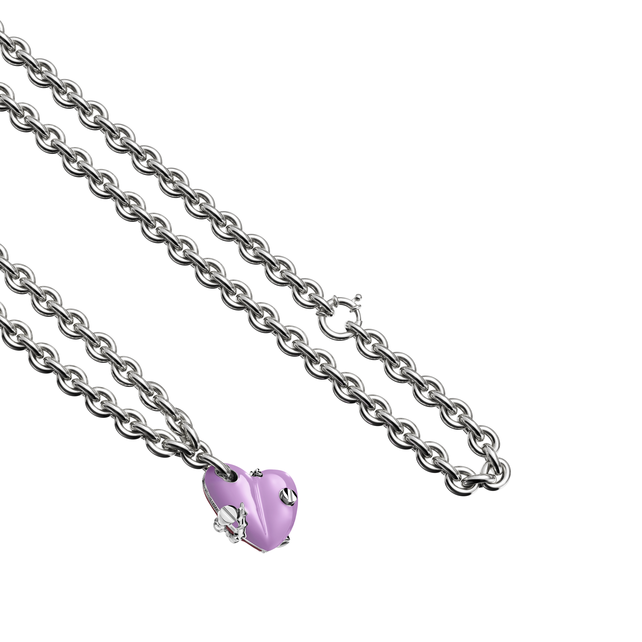 A detail view of Bullet Hole Heart Pendant with Screws M with Chain