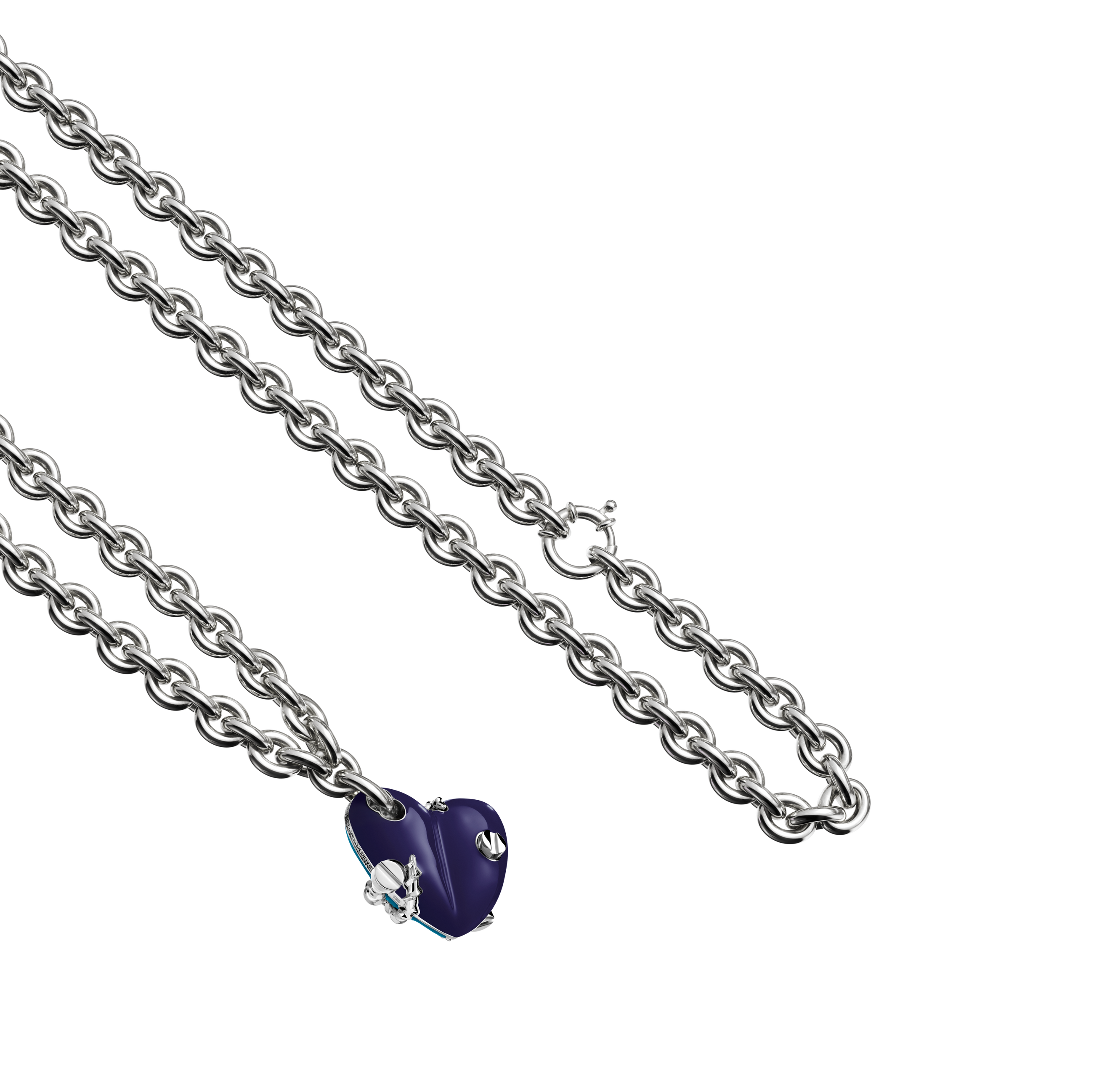 A detail view of Bullet Hole Heart Pendant with Screws M with Chain