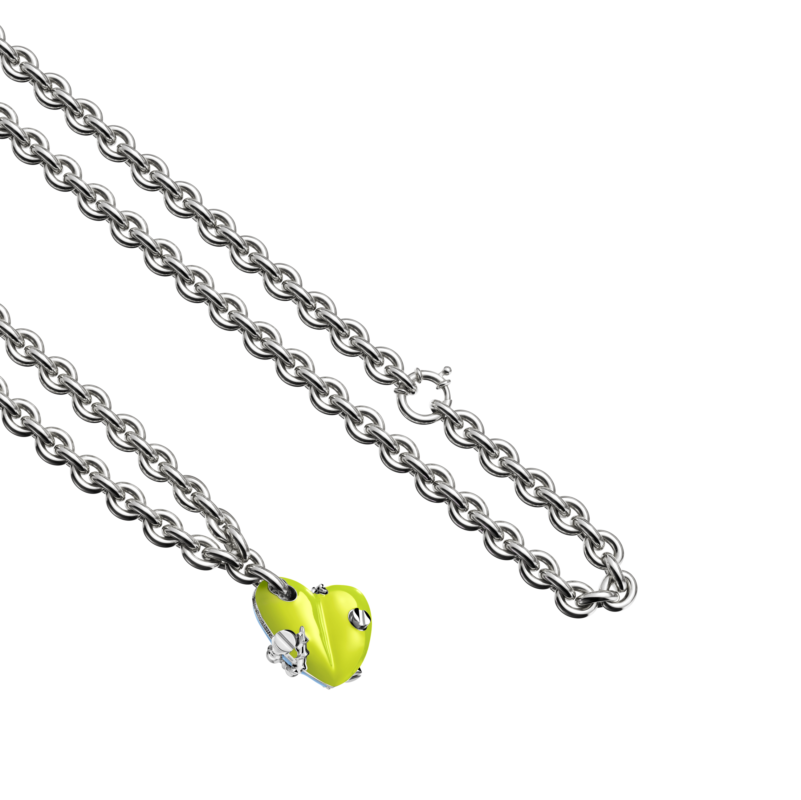 A detail view of Bullet Hole Heart Pendant with Screws M with Chain