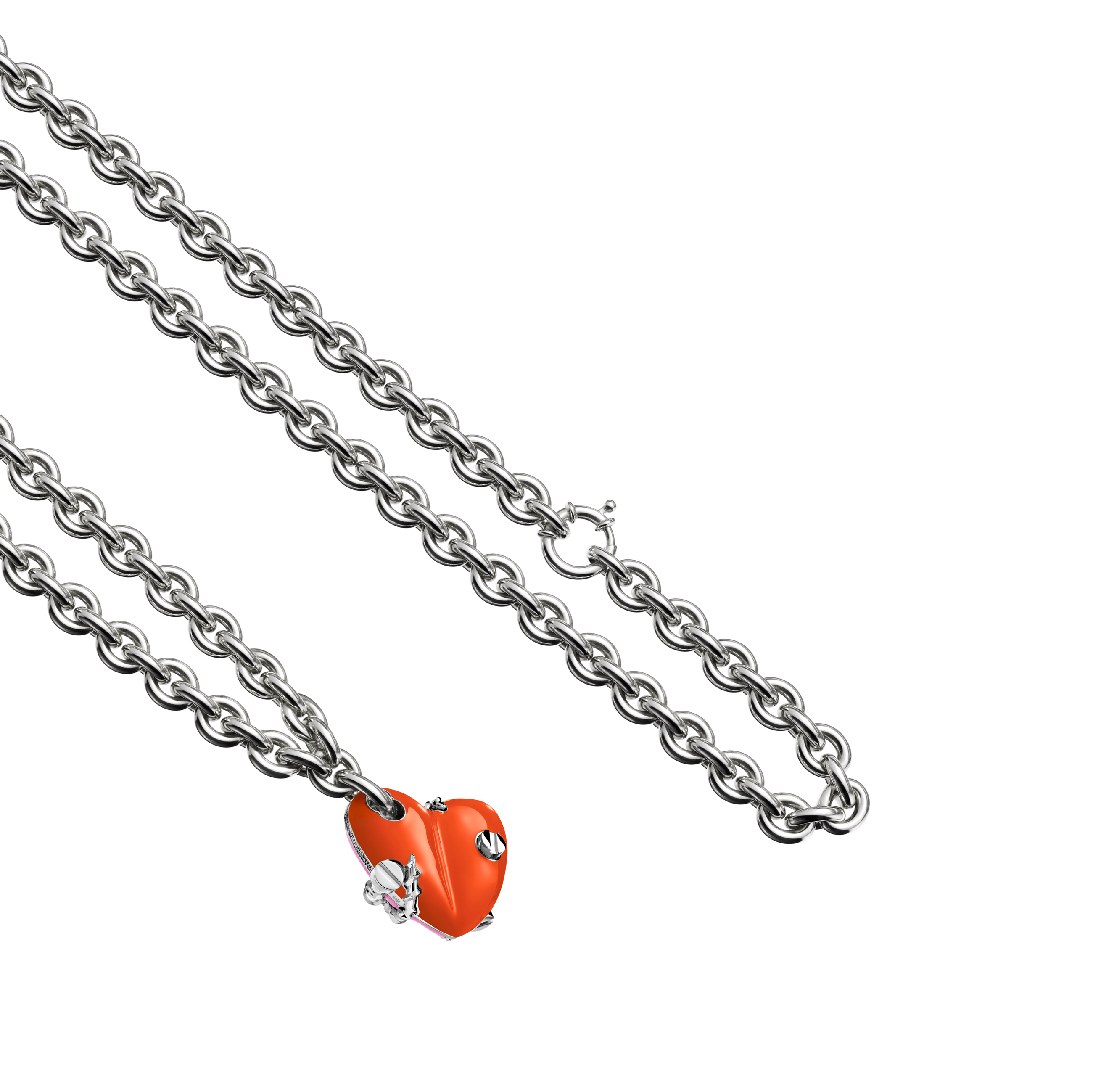 A detail view of Bullet Hole Heart Pendant with Screws M with Chain