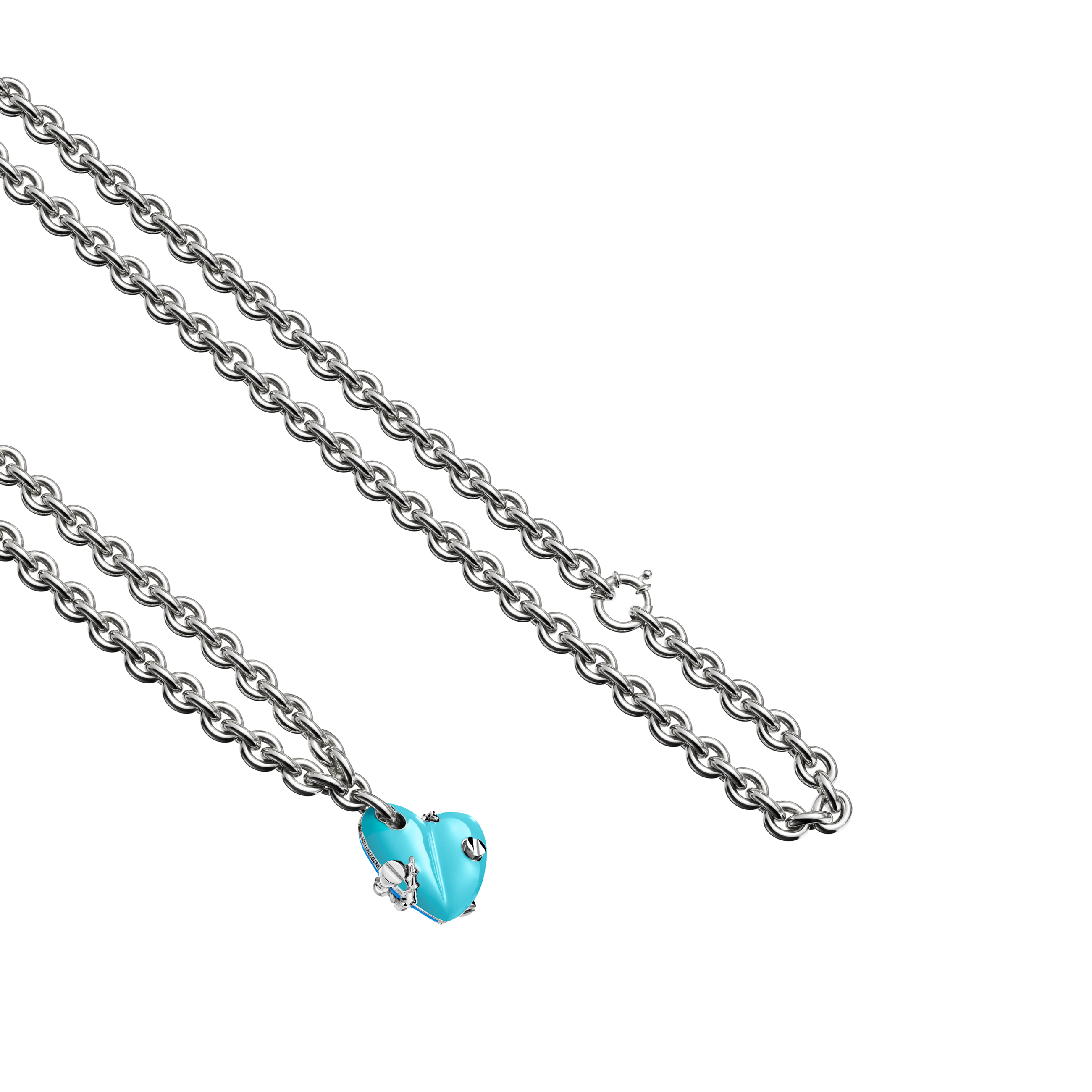 A detail view of Bullet Hole Heart Pendant with Screws with Chain