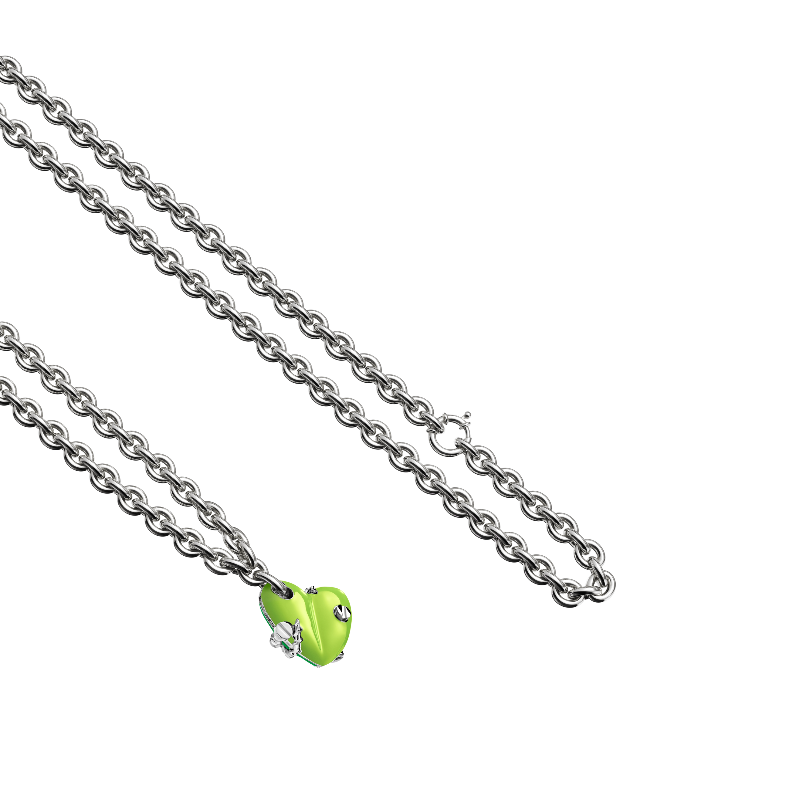 A detail view of Bullet Hole Heart Pendant with Screws with Chain