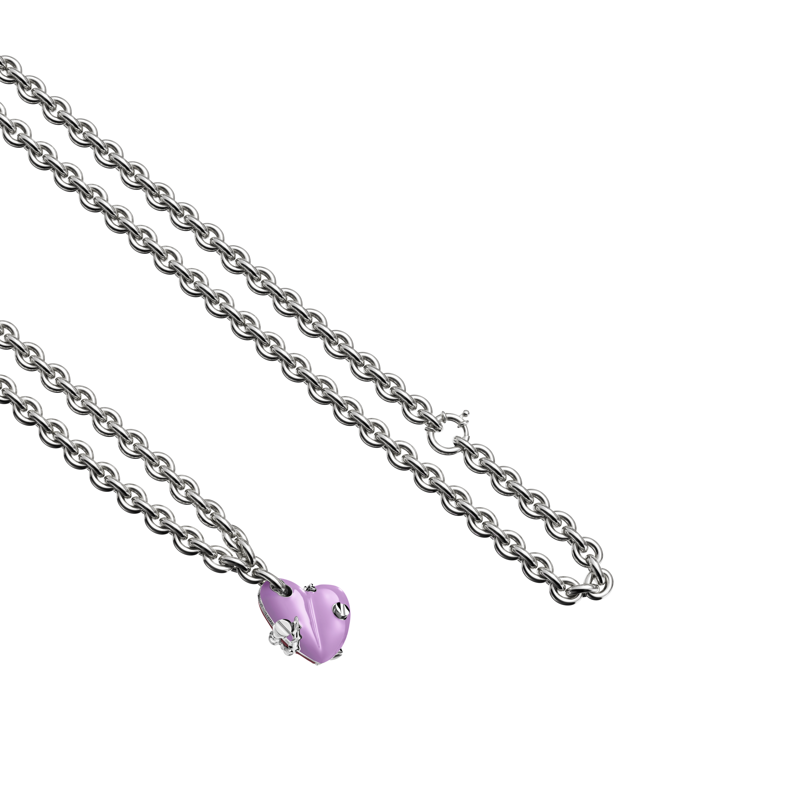 A detail view of Bullet Hole Heart Pendant with Screws with Chain