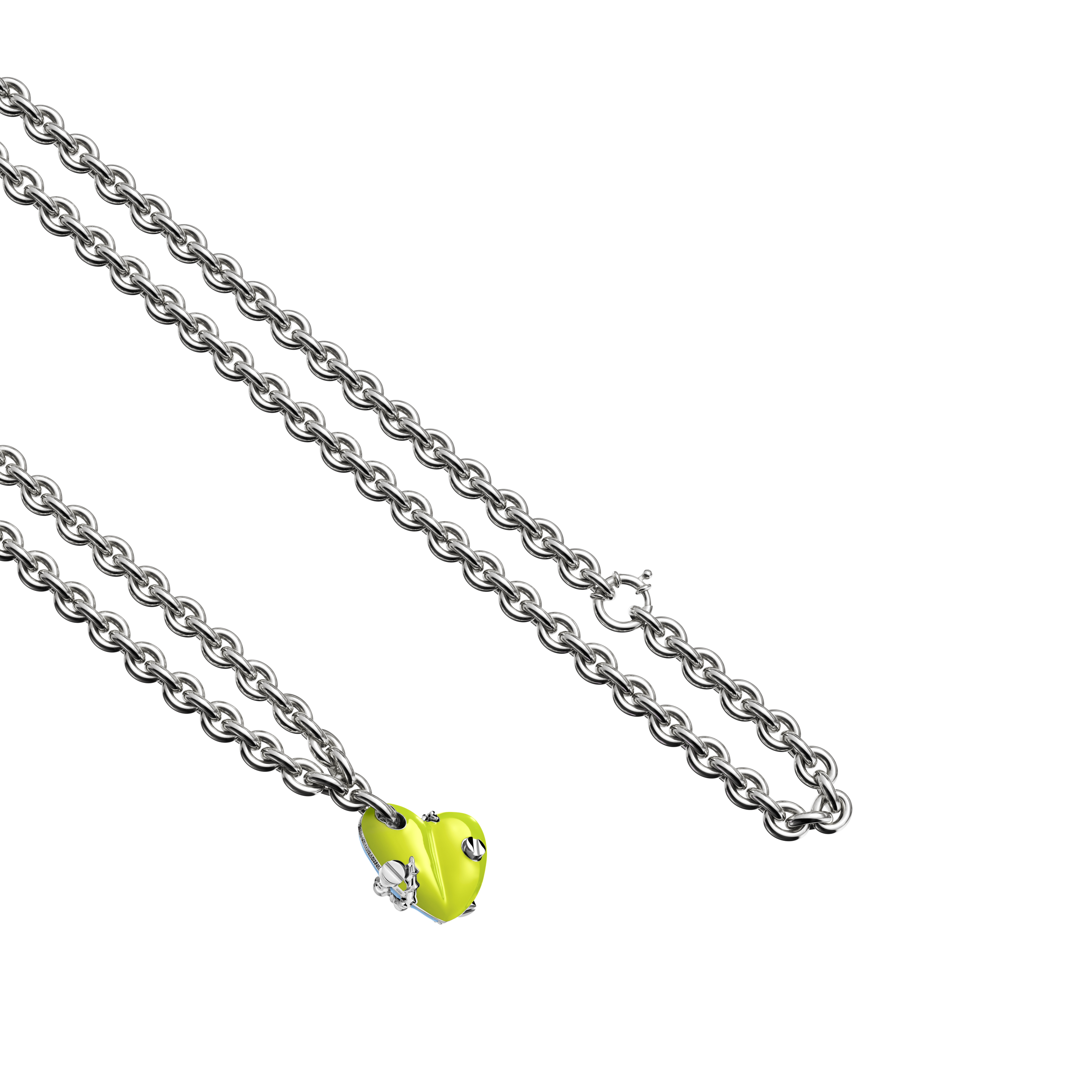 A detail view of Bullet Hole Heart Pendant with Screws with Chain
