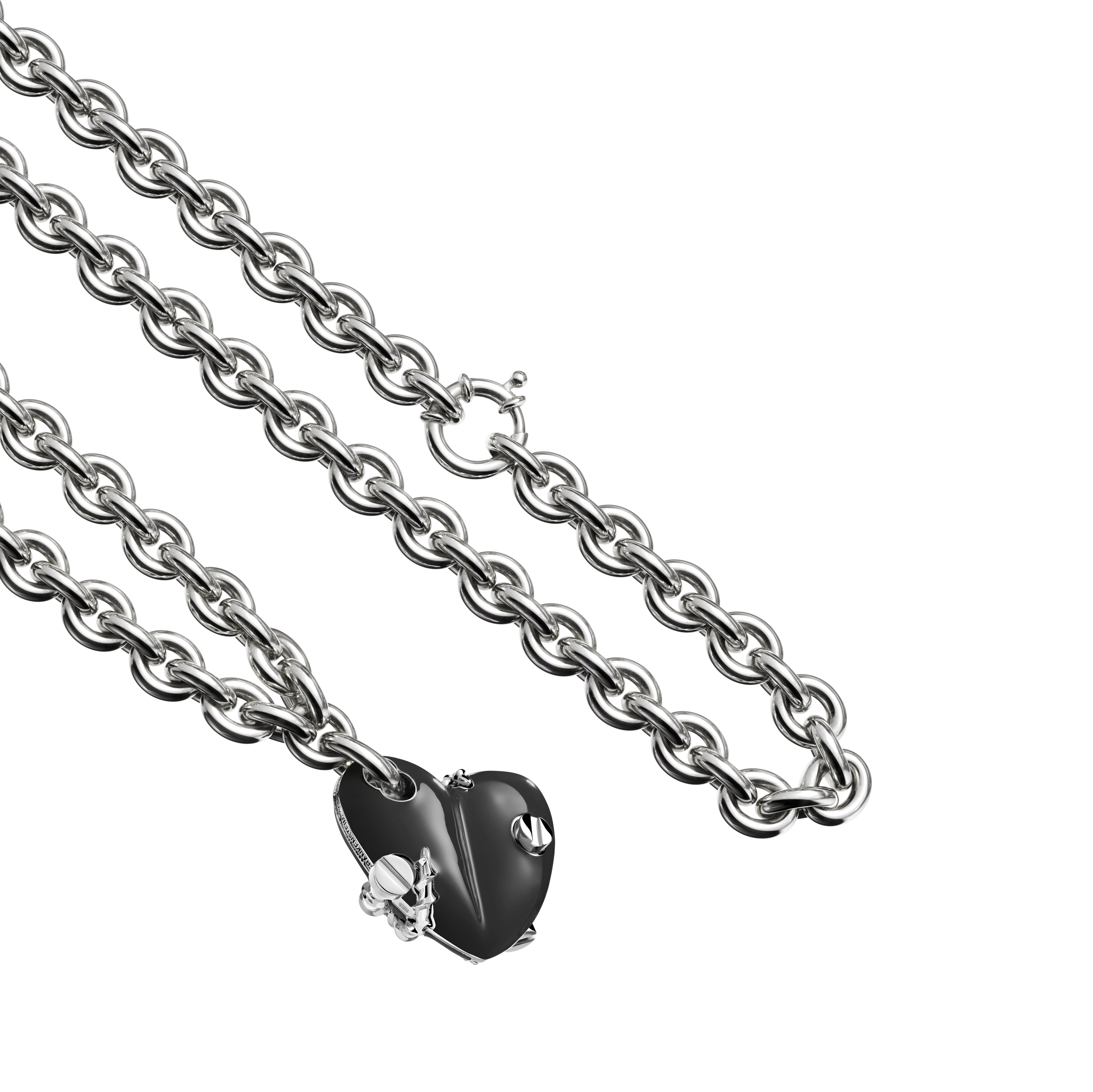 A detail view of Bullet Hole Heart Pendant with Screws XL with Chain