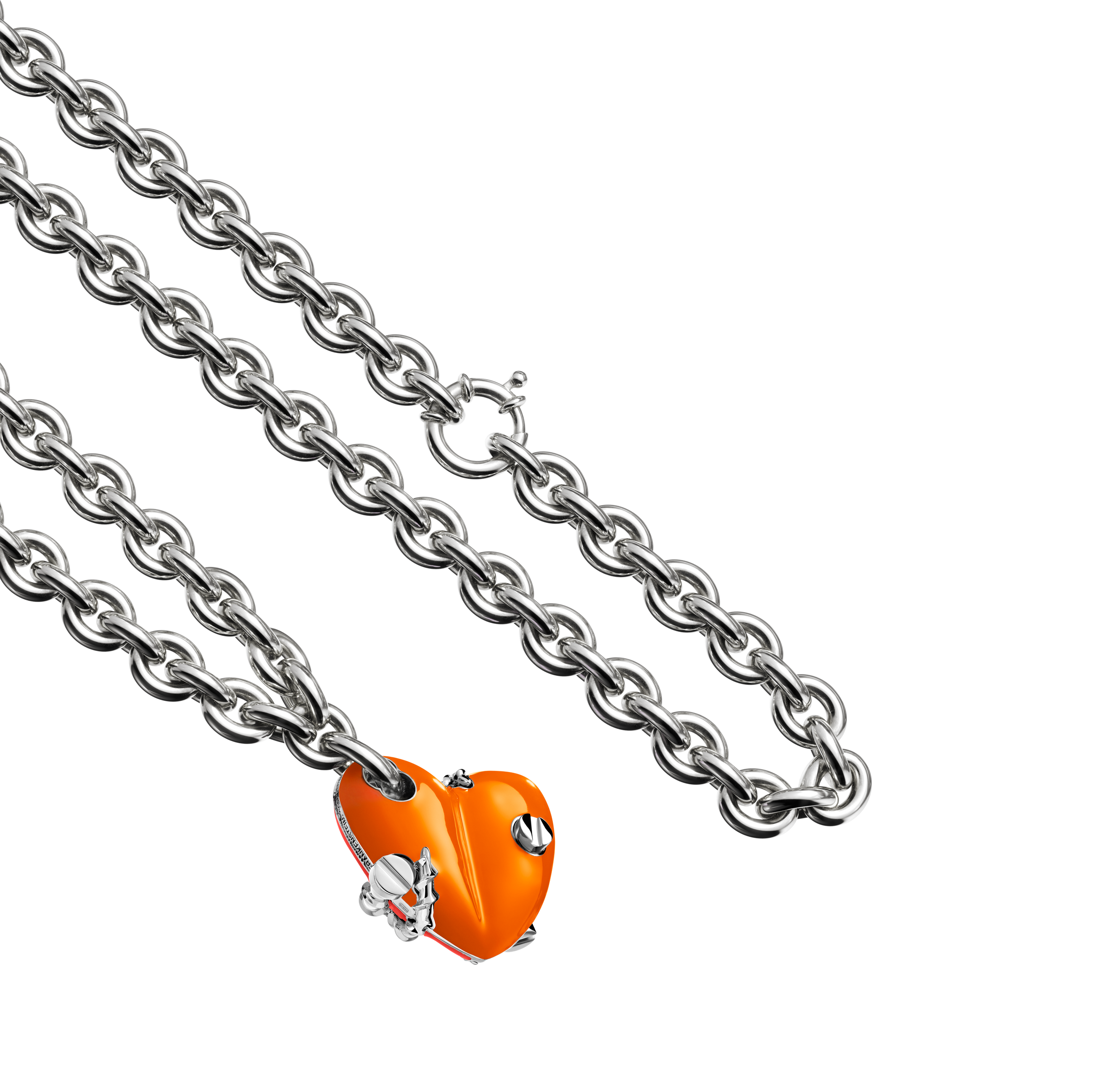 A detail view of Bullet Hole Heart Pendant with Screws XL with Chain
