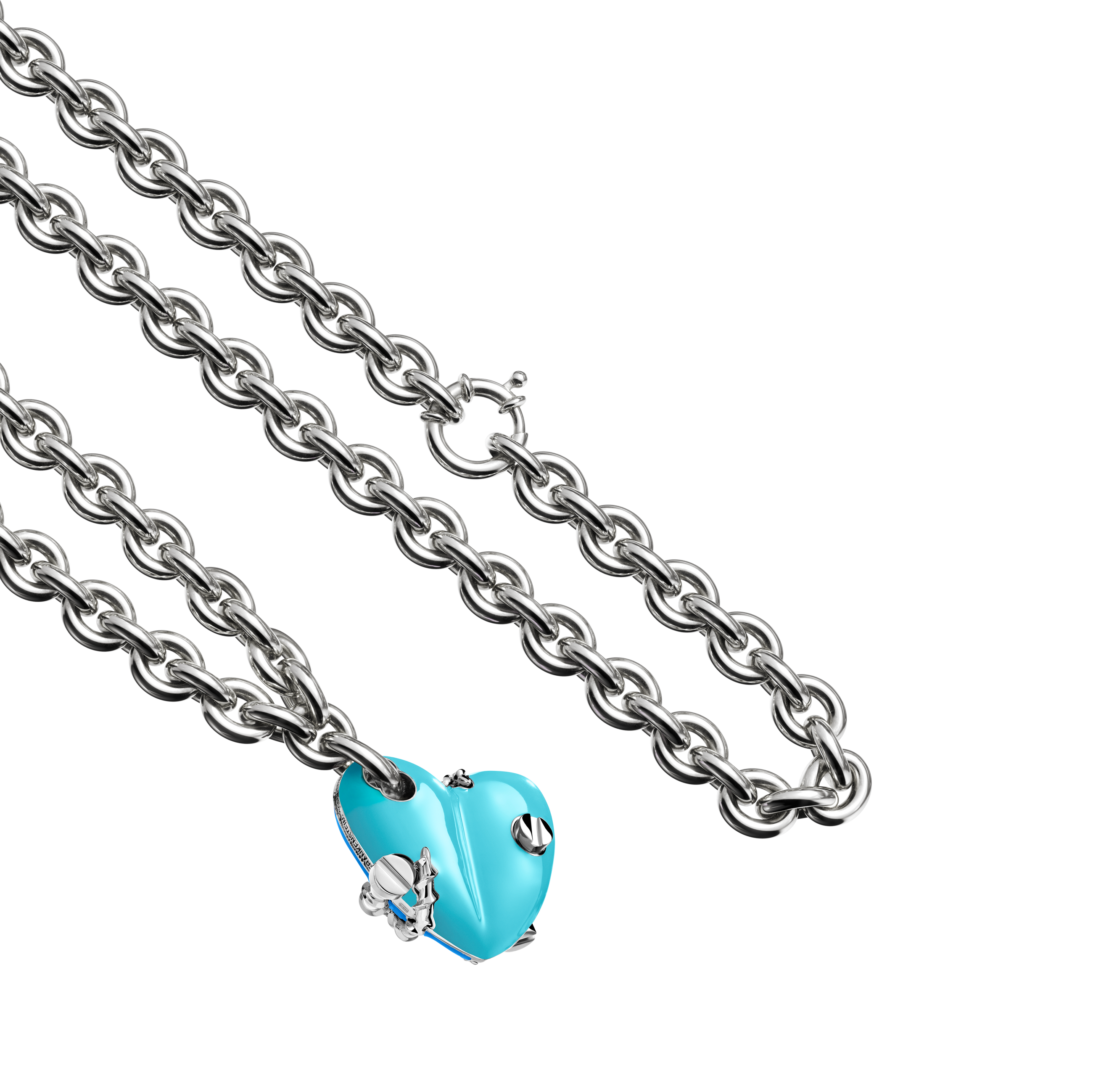 A detail view of Bullet Hole Heart Pendant with Screws XL with Chain