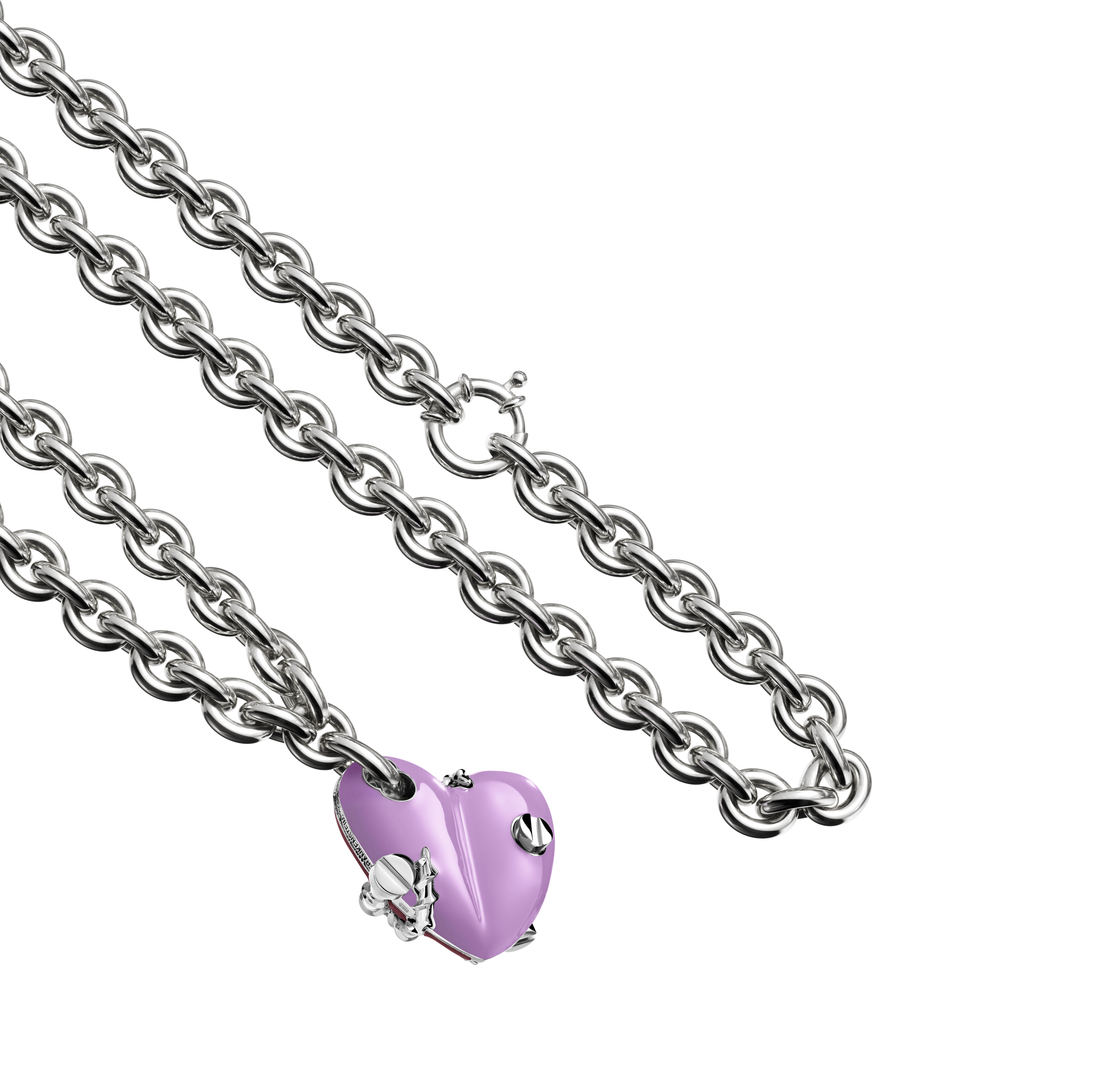 A detail view of Bullet Hole Heart Pendant with Screws XL with Chain