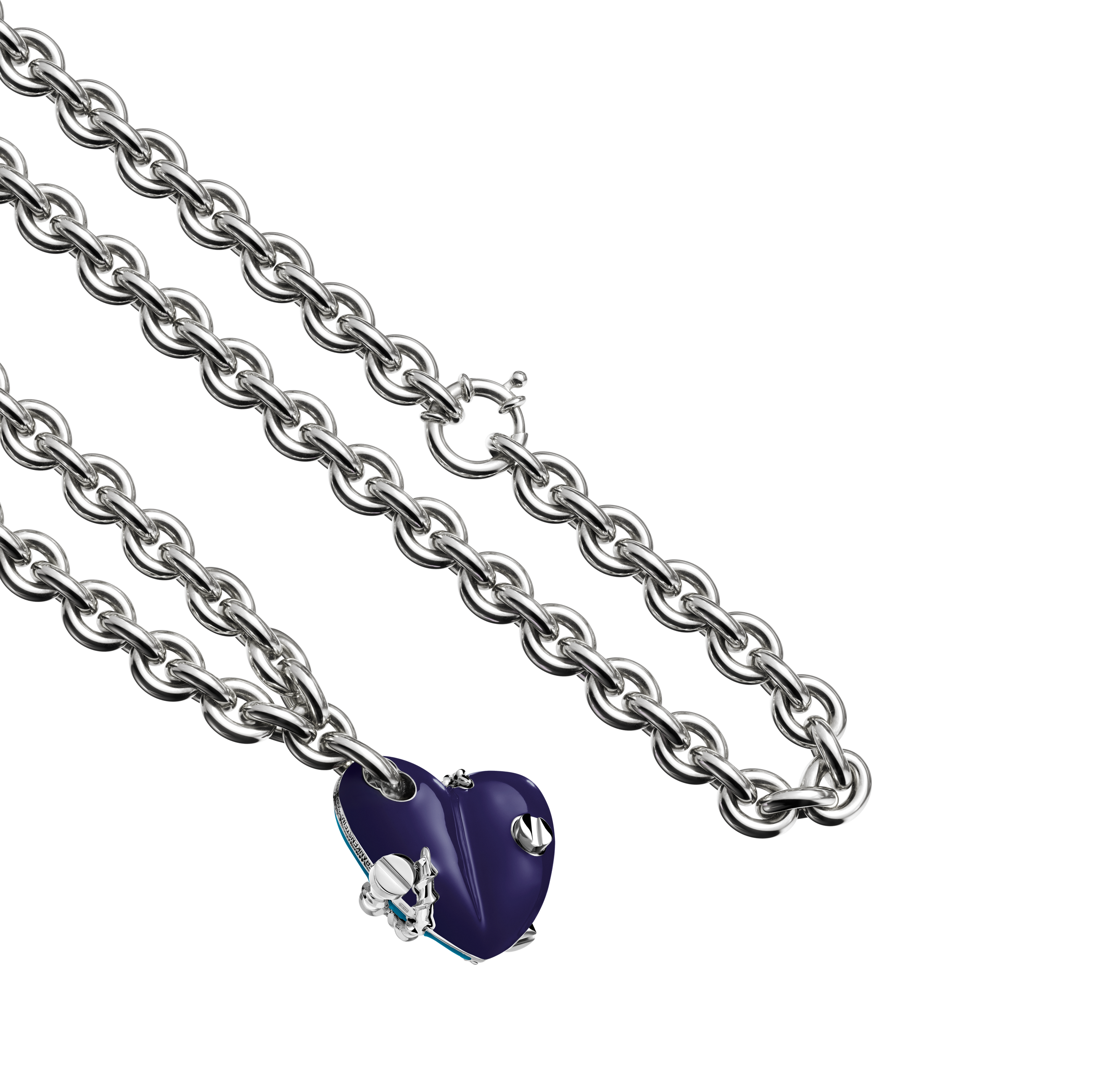 A detail view of Bullet Hole Heart Pendant with Screws XL with Chain