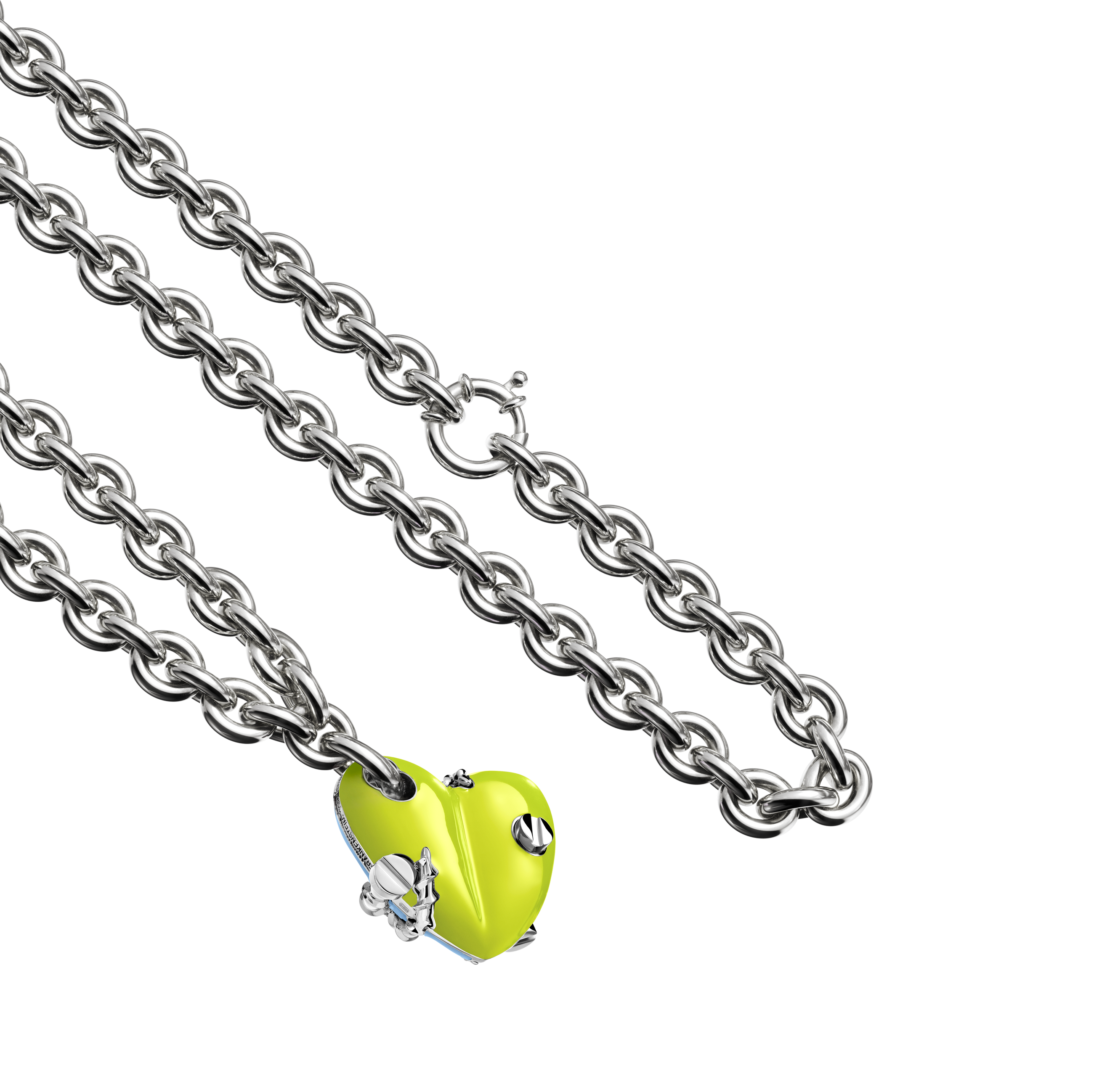 A detail view of Bullet Hole Heart Pendant with Screws XL with Chain