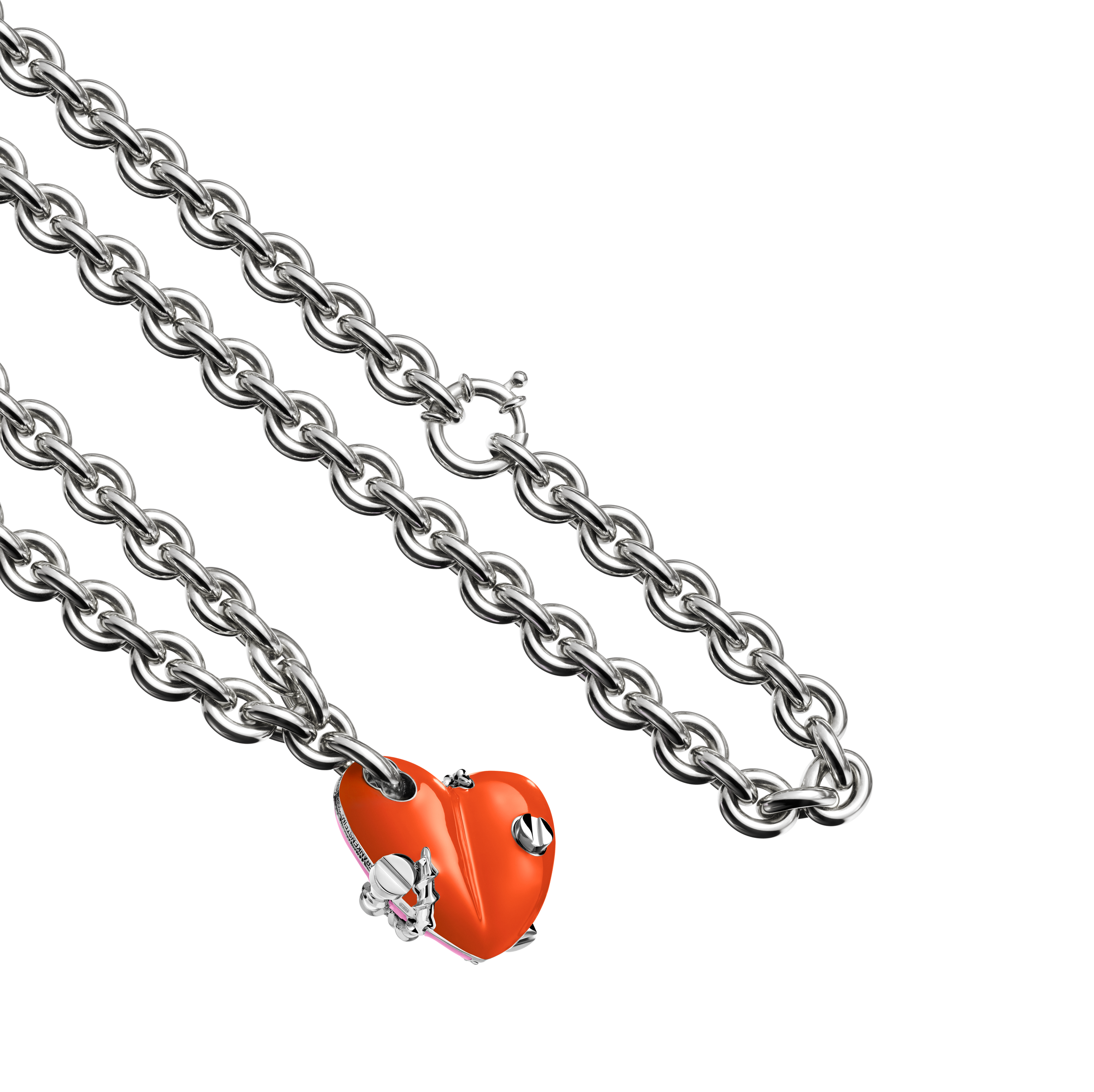 A detail view of Bullet Hole Heart Pendant with Screws XL with Chain