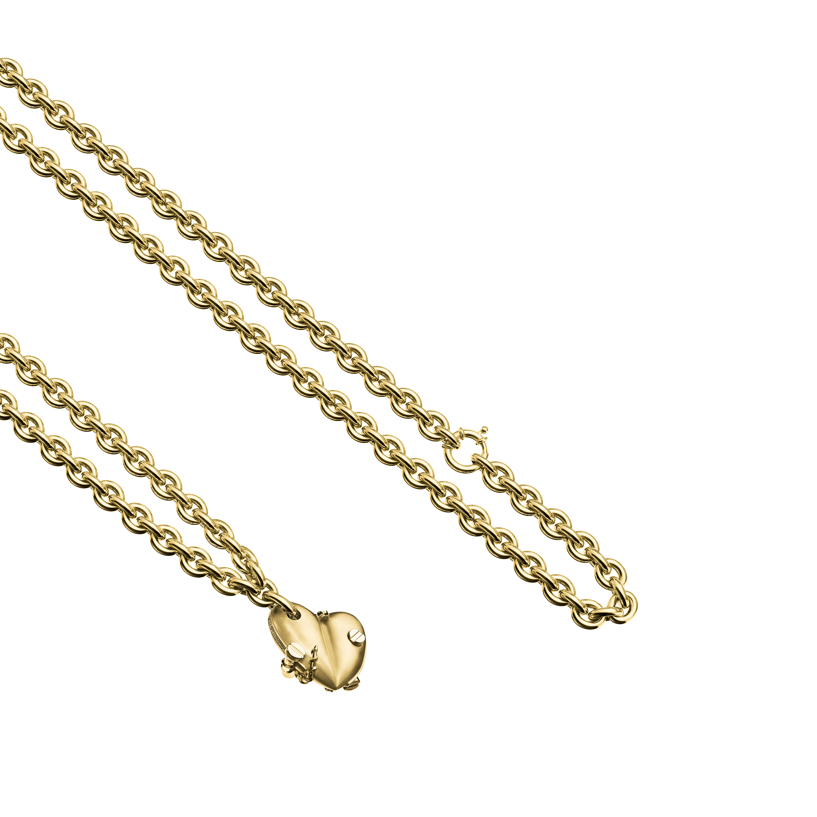 A detail view of Bullet Hole Heart Pendant with Screws with Chain
