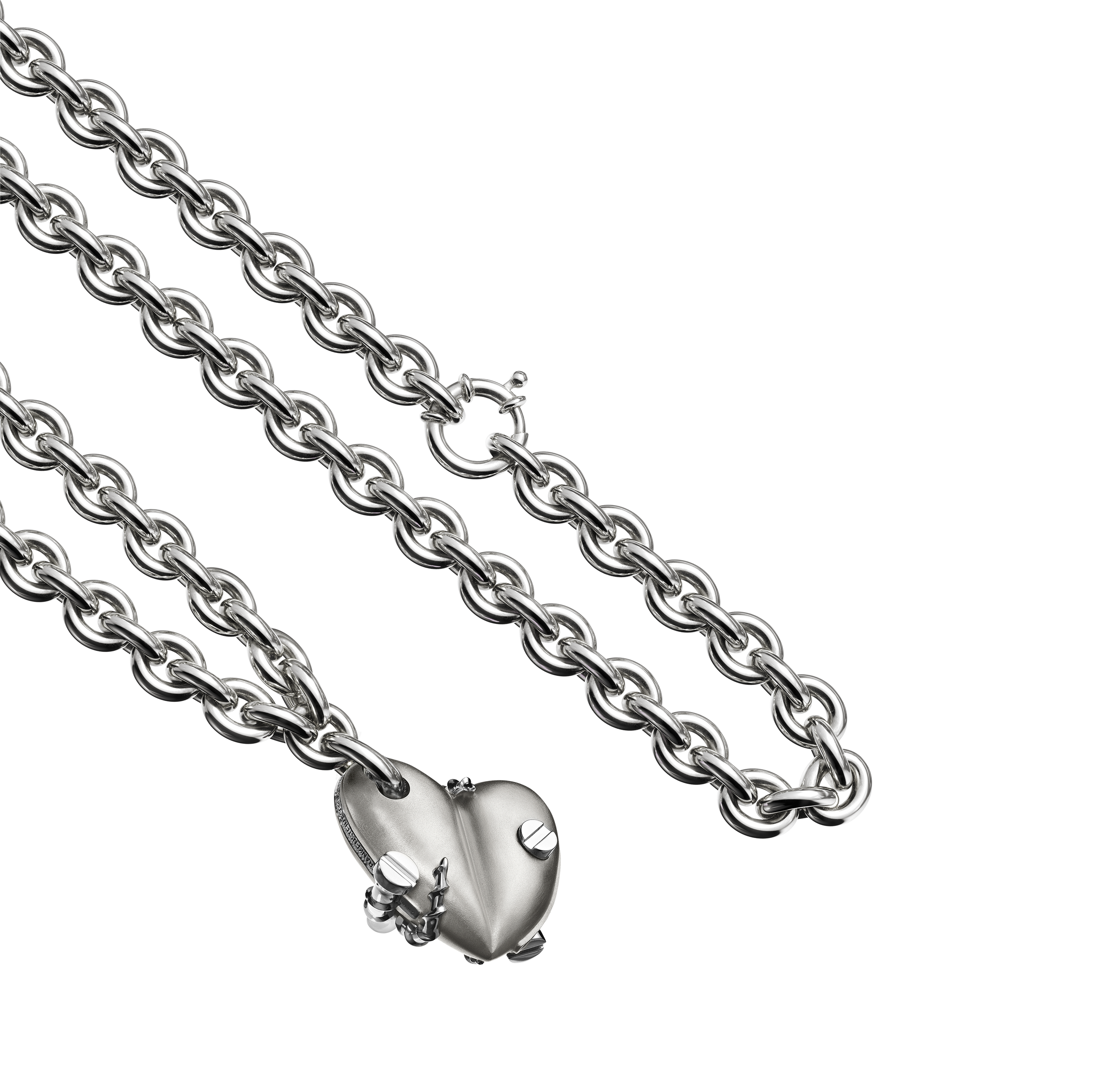 A detail view of Bullet Hole Heart Pendant with Screws XL with Chain