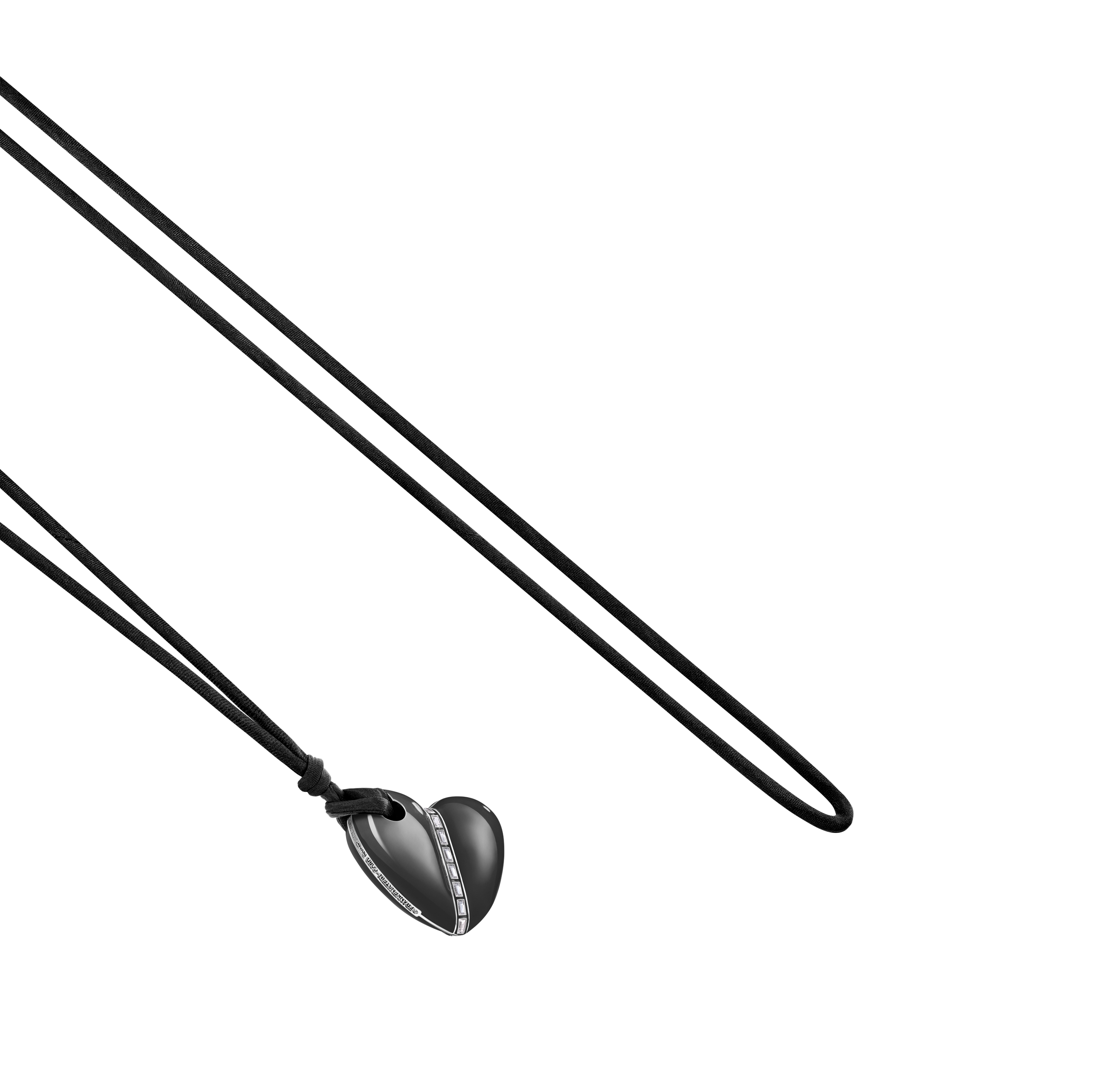 A detail view of Bullet Hole Heart Pendant with Baguettes M