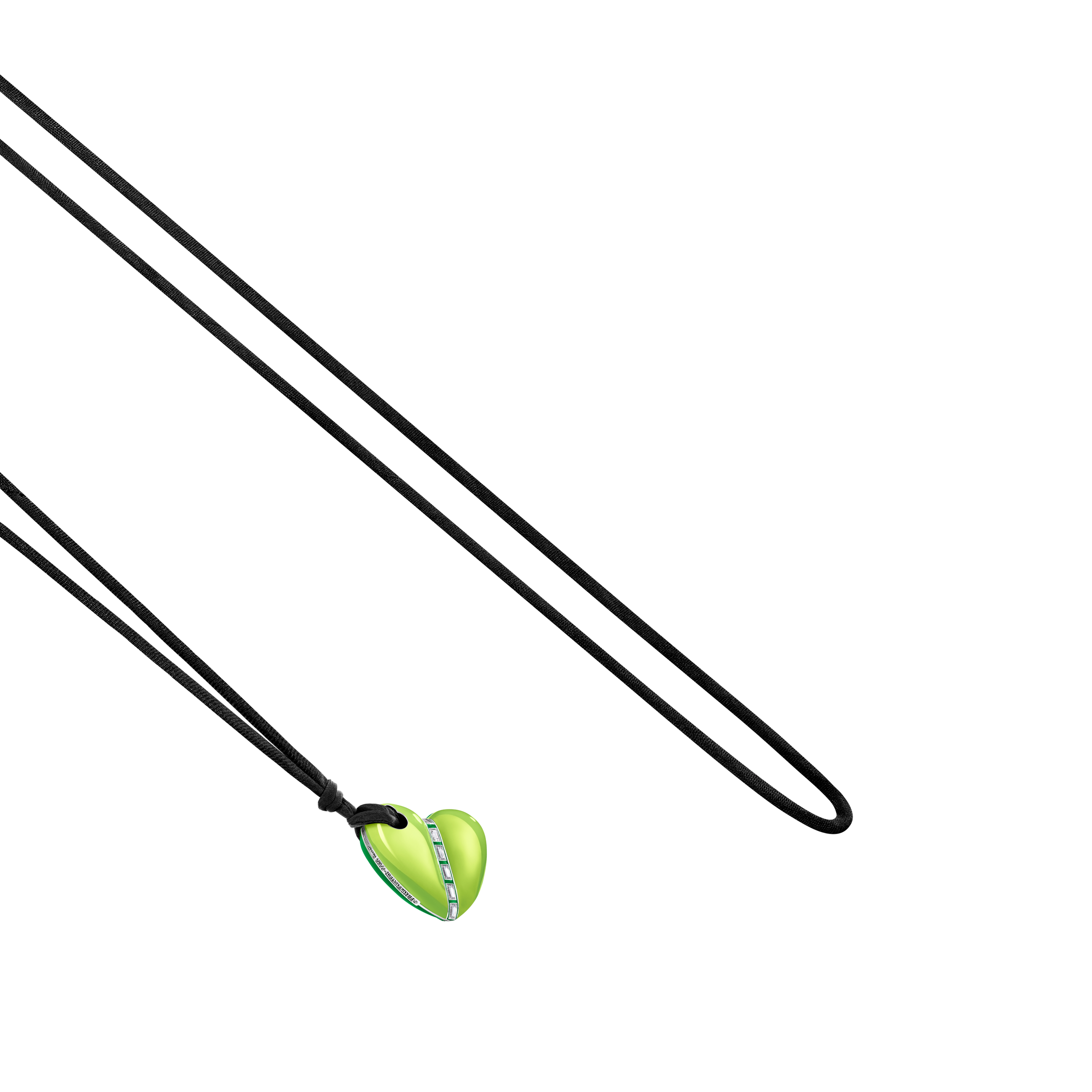 A detail view of Bullet Hole Heart Pendant with Baguettes