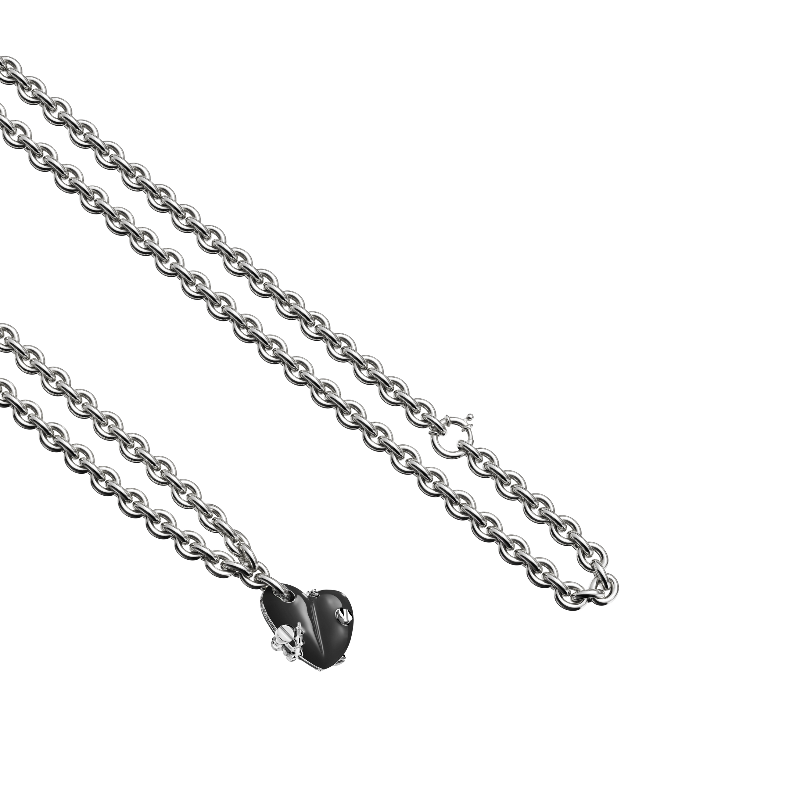A detail view of Bullet Hole Heart Pendant with Screws with Chain