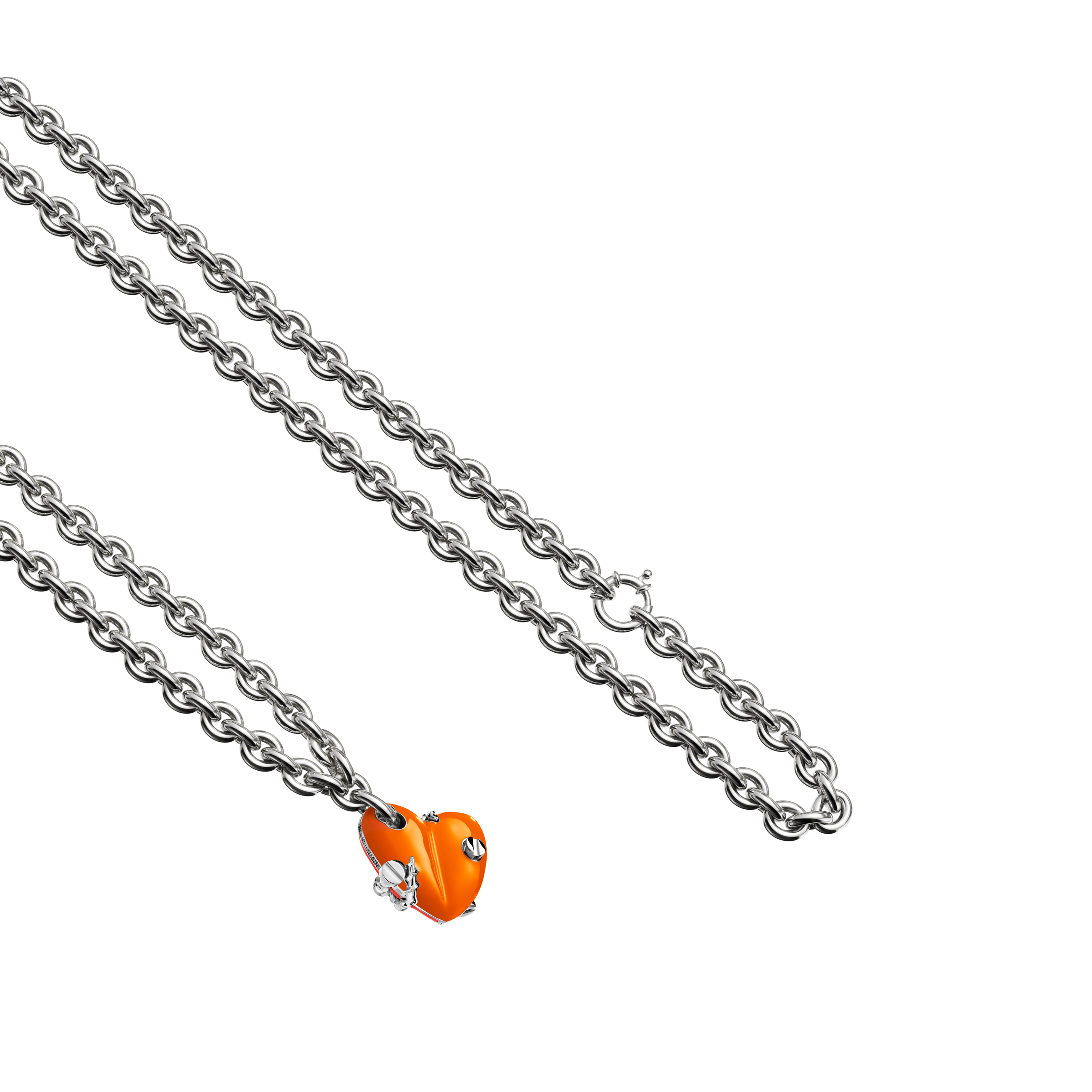 A detail view of Bullet Hole Heart Pendant with Screws with Chain