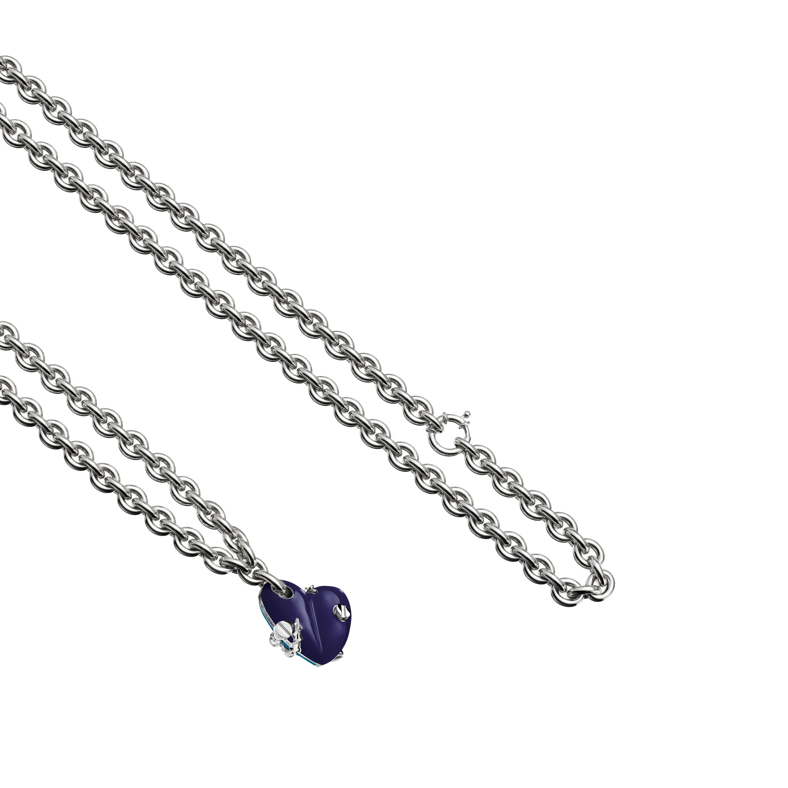 A detail view of Bullet Hole Heart Pendant with Screws with Chain